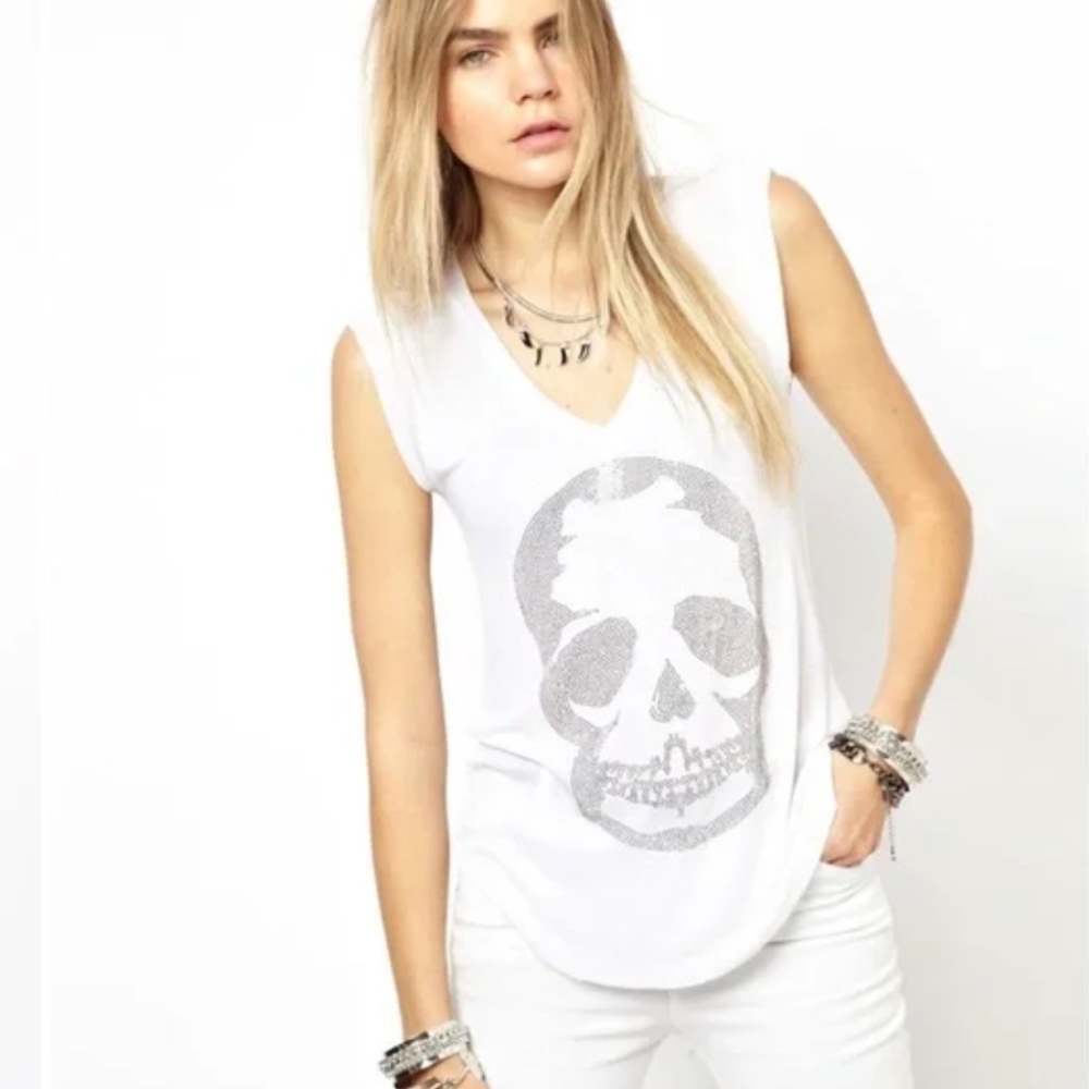 NWT $118 Zadig & Voltaire White Brooklyn T-shirt with Diamante Skull - Large!